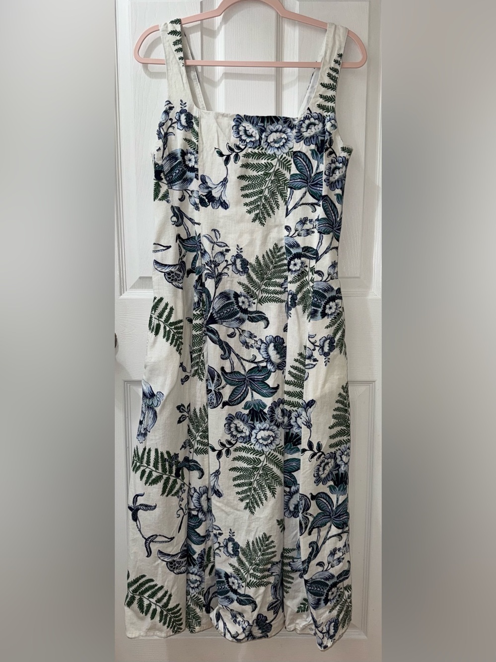 Rachel Zoe Blue Floral & Green Fern Print White Midi Dress Size 10